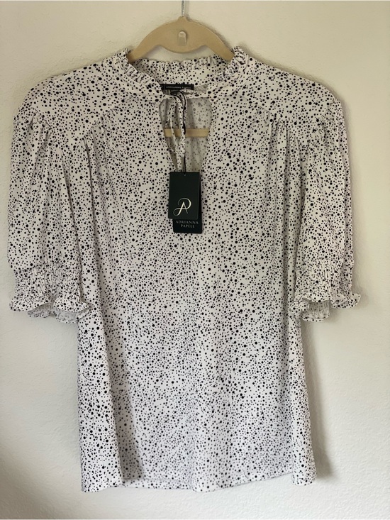 Adrianna Papell Tops - Adrianna Papell White Blouse with Black Dot Print and Tie Neck, Size Small